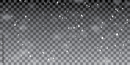 Vector illustration of flying snow on a transparent background. Natural phenomenon of snowfall or blizzard.	