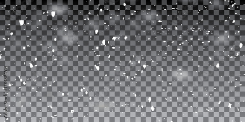 Vector illustration of flying snow on a transparent background. Natural phenomenon of snowfall or blizzard.	