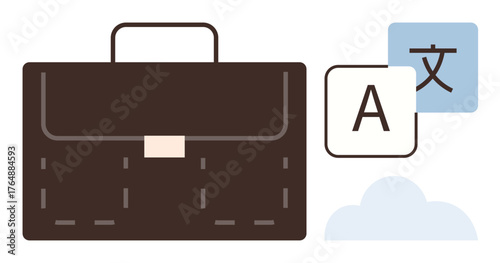 Briefcase paired with translation symbols representing language services. Ideal for business, travel, communication, technology, globalization, cross-culture, collaboration. Simple flat metaphor