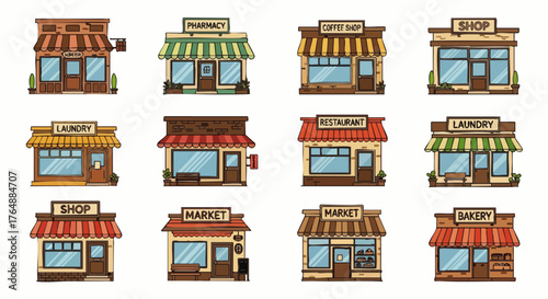 This flat vector illustration features a variety of colorful small business shops, including a bookstore, pharmacy, cafe, restaurant, laundry, and market. Perfect for local business retail concepts.