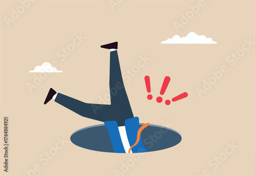 Flat illustration of terrified businessman fall into hole with exclamation mark failure and mistake risk of business crisis recession danger trouble loss or pit fall	