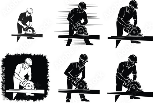 Construction worker cutting wood with circular saw silhouette set, carpenter at work illustration, safety helmet labor concept, industrial woodworking design, vector craftsmanship art
