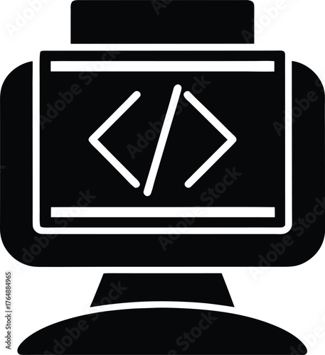 Computer monitor screen displaying programming code symbol. Software development illustration for web design, IT solutions, and coding education