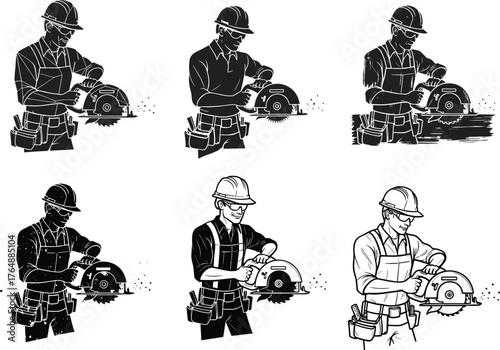Construction worker using circular saw silhouette set, carpenter at work illustration, woodworking safety concept, industrial labor tool design, vector art for craftsmanship projects