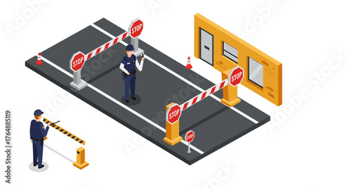 Isometric security checkpoint with guards and barrier gates at parking entrance