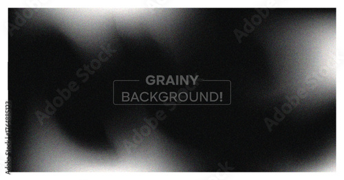 Abstract grainy background. Dark monochrome banner with blur, noise texture, and soft white wavy light effect. Modern vector backdrop.