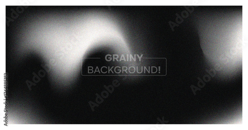 Abstract grainy background. Dark monochrome banner with blur, noise texture, and soft white wavy light effect. Modern vector backdrop.