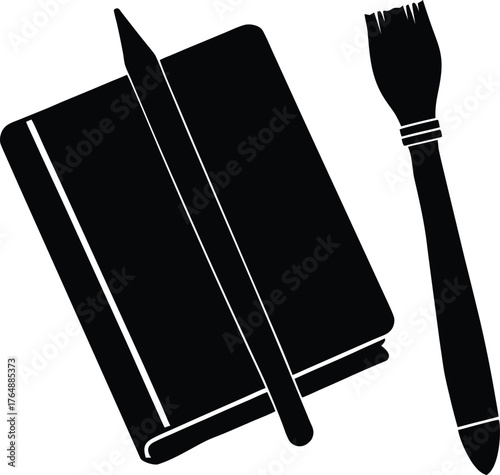 Notebook with Pencil and Paintbrush Icon Solid Black Silhouette Illustration Art Supplies Education Concept