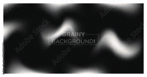 Abstract grainy background. Dark monochrome banner with blur, noise texture, and soft white wavy light effect. Modern vector backdrop.