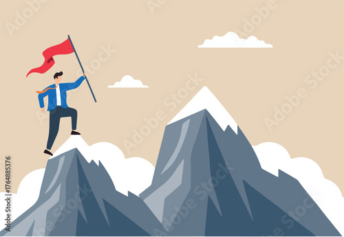 Flat illustration of motivated businessman reach mountain peak aiming for greater career success	