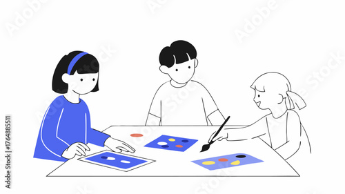 Children of various backgrounds gathered around a large table focused on painting canvases with bright colors promoting artistic expression and teamwork.