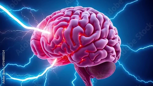 Powerful Red Brain with Lightning and Electric Energy