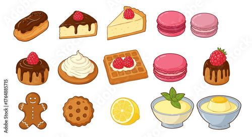 Assorted desserts collection with cakes, macarons, and lemon slices in a whim…