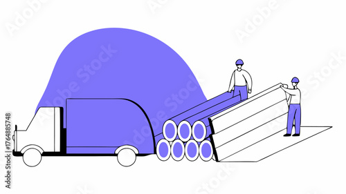 A truck unloading large sections of playground equipment at a construction site with workers overseeing the delivery and stacks of wood and rubber mats ready for installation.