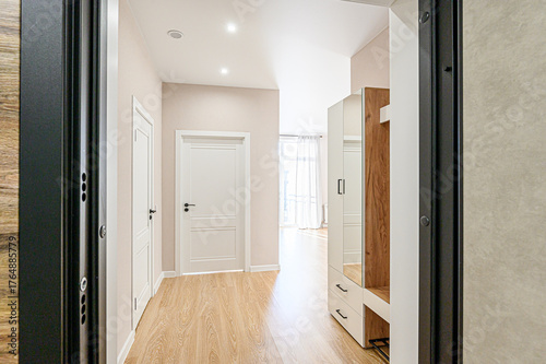 Bright hallway with wooden floor, white doors, and a stylish closet with mirrors