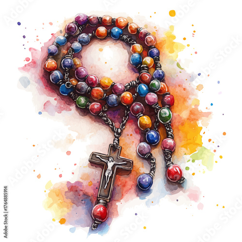 Rosary Beads, watercolor clipart vector, isolated on a white background.