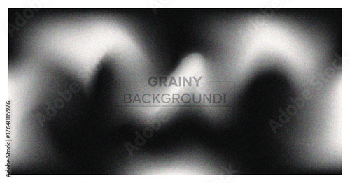 Abstract grainy background. Dark monochrome banner with blur, noise texture, and soft white wavy light effect. Modern vector backdrop.