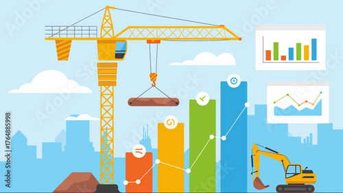 Construction and Business Growth Concept with Crane and Excavator Increasing Bar Graphs Representing Financial Progress and Development in City Skyline Backdrop
