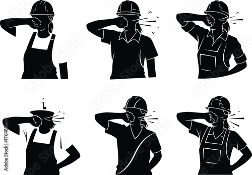 Construction workers tired wiping sweat, hard hat silhouette vector illustration, concept of labor fatigue, industrial work exhaustion, summer heat, physical effort, and job stress