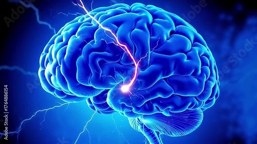 Blue Human Brain with Electrical Discharge and Neural Activity