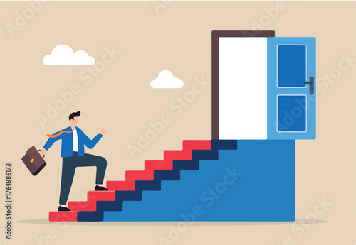 Flat illustration of businessman walks up staircase towards an open door symbolizing a new career opportunity.