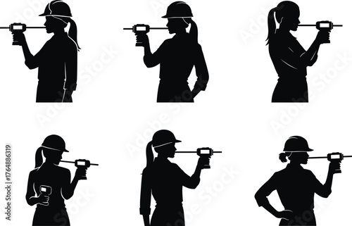 Female engineer silhouette illustration holding measuring caliper tool, woman worker in hard hat, industrial design, precision measurement concept, technical engineering vector