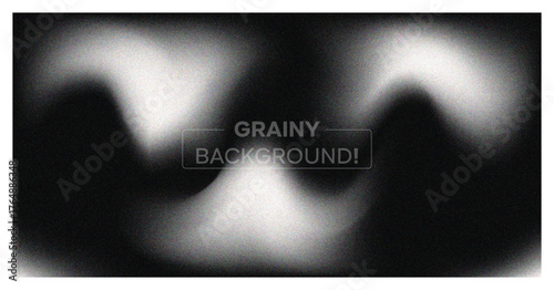 Abstract grainy background. Dark monochrome banner with blur, noise texture, and soft white wavy light effect. Modern vector backdrop.