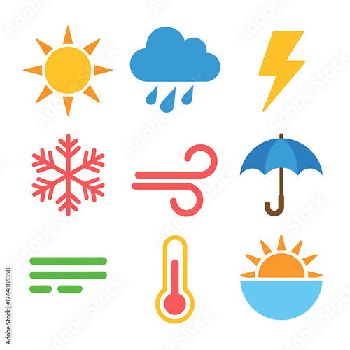 Weather condition forecast symbols illustration including sun cloud rain wind snow lightning and thermometer showing changes in temperature