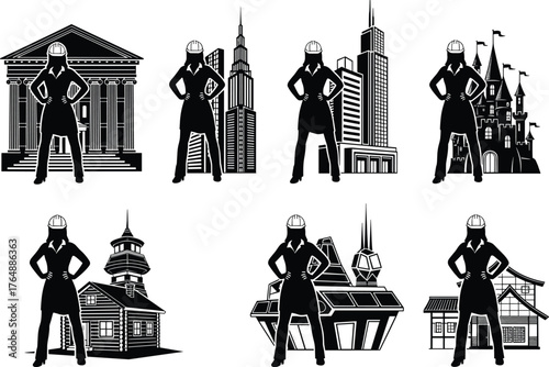 Female architect silhouettes standing confidently in front of various building styles, construction design concept, modern and classical architecture vector illustration, professional women engineers