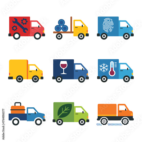Diverse Collection of Colorful Delivery Trucks Depicting Various Service Industries and Logistics Solutions for Business