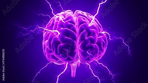 Vibrant Purple Brain with Flashing Lightning and Mental Energy
