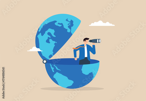 Flat illustration of smart businessman open globe using binoculars searching future international business opportunities world economic vision