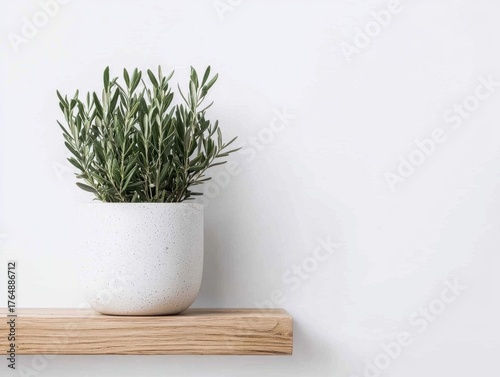 Minimalist Indoor Plant Arrangement in White Pot on Wooden Shelf