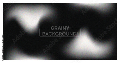 Abstract grainy background. Dark monochrome banner with blur, noise texture, and soft white wavy light effect. Modern vector backdrop.