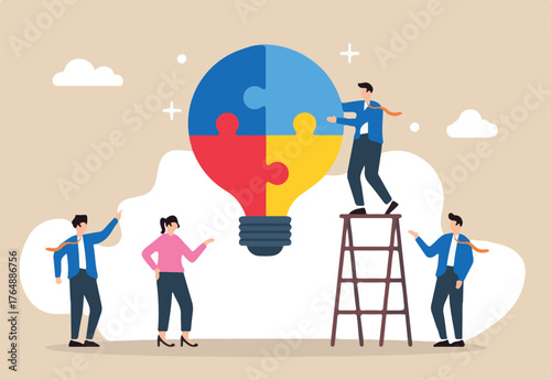 Flat illustration of business people collaborate to build lightbulb ideas representing teamwork for company success
