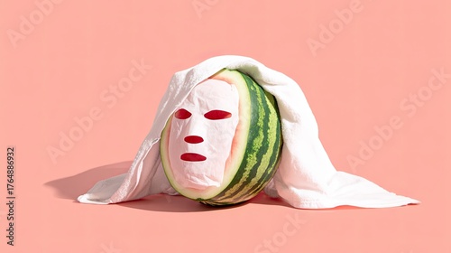 A watermelon wearing a white facial sheet mask and towel creates a humorous spa-themed concept against a pastel pink background.
