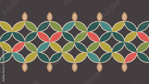 Colorful overlapping petal pattern with teardrop shapes on a dark gray background design element
