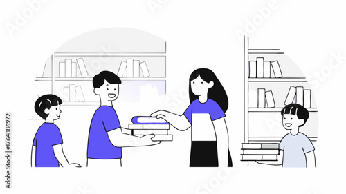 Volunteers of different ages and backgrounds distributing books at a local library fostering literacy and education while smiling and interacting with excited children.