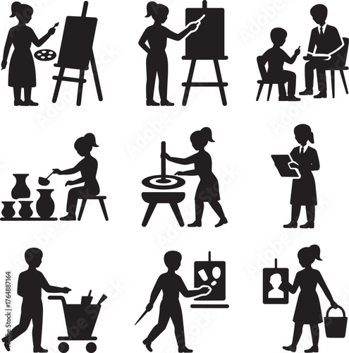 People engaged in various artistic and craft activities painting pottery