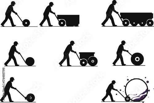 Six different style illustration, construction worker silhouette pushing roller and cart, manual labor concept, roadwork equipment vector, industrial worker activity design