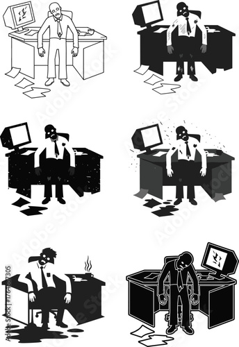 Tired office worker zombie silhouette illustration, exhausted businessman sitting at computer desk, burnout concept, workplace stress, fatigue, depression, corporate overwork, dark humor vector
