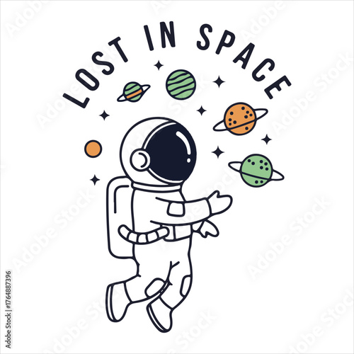 Astronaut lost in space with planets design silhouette on vector white background