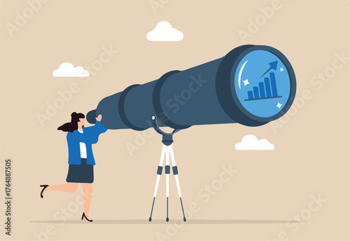 Forecasting market trends, long-term strategic planning, data analysis for future growth, decision-making concept vector illustration. Business analyst using telescope to view financial charts