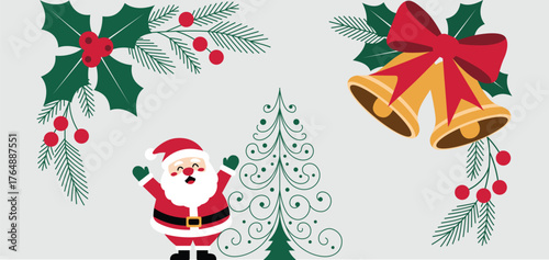 Cheerful Cartoon Santa Claus and Festive Christmas Bells Icon