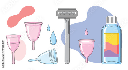 Menstrual Hygiene Products: Cups Razor and Cleansing Solution.