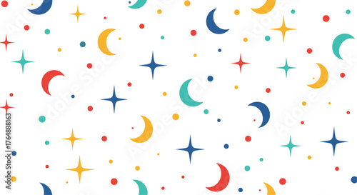 Colorful celestial pattern with moons and stars on white background.