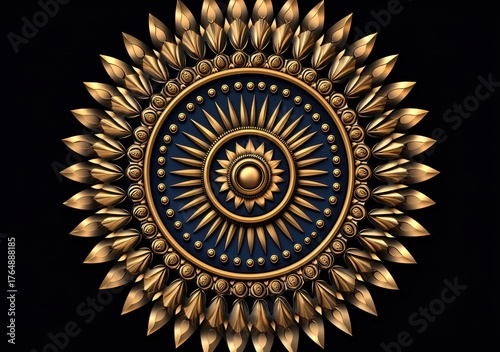 Ornate Decorative Element with Gold and Blue Colors on Black Background