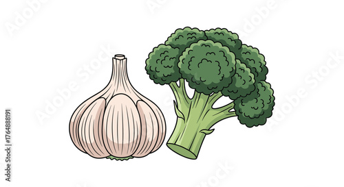 Fresh garlic and broccoli healthy food ingredients for cooking.