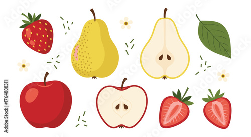 Fresh fruits illustration: apple pear and strawberry.