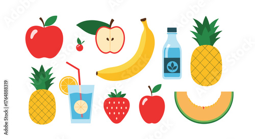 Colorful fruits and drinks collection for healthy eating and refreshment.
